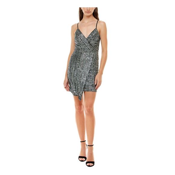 TRIXXI Womens Spaghetti Strap Surplice Neckline Short Party Faux Wrap Dress - Picture 3 of 4